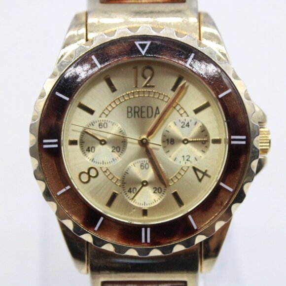 BREDA Chronograph Watch Unisex Gold Tone Stainless Steel Classic Gold Quartz - Picture 3 of 8